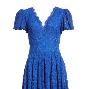 Tadashi Shoji SHO royal blue lace cocktail dress with puffed sleeves, size 10